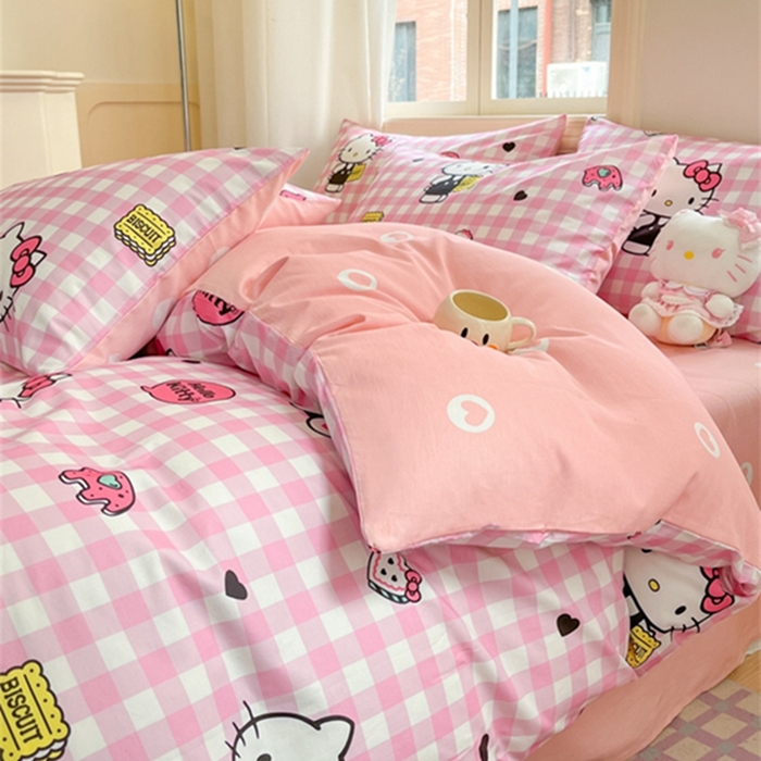 91家纺网 家纺一手货源 找家纺 博雅 2024新款三丽鸥全棉印花卡通四件套 粉格KT