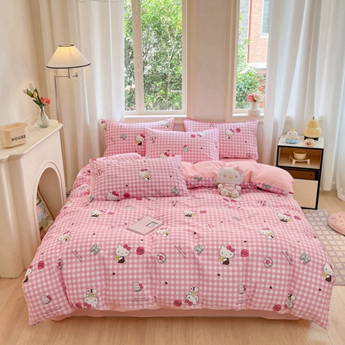 91家纺网 家纺一手货源 找家纺 博雅 2024新款三丽鸥全棉印花卡通四件套 小粉格KT