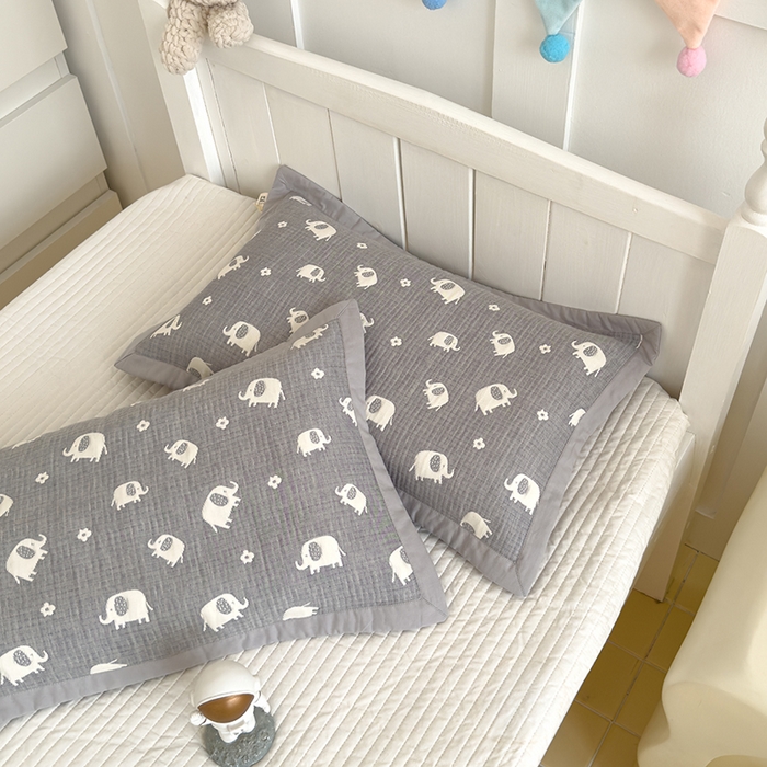 91家纺网 家纺一手货源 找家纺 2024新品色织立体提花全棉三层纱布夹棉枕套 小象-灰