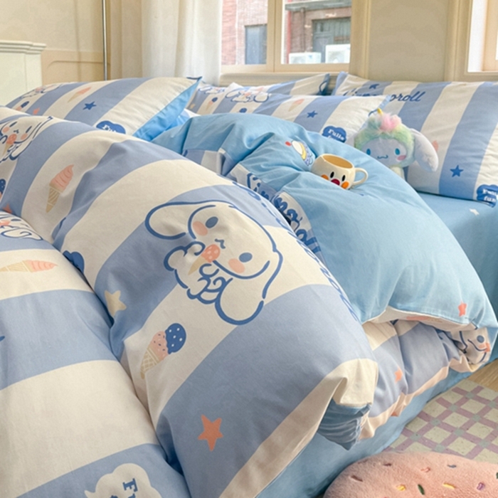 91家纺网 家纺一手货源 找家纺 博雅 2024新款三丽鸥全棉印花卡通四件套 蓝条纹玉桂狗