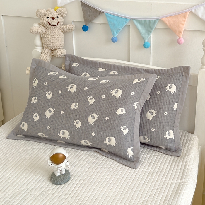 91家纺网 家纺一手货源 找家纺 2024新品色织立体提花全棉三层纱布夹棉枕套 小象-灰