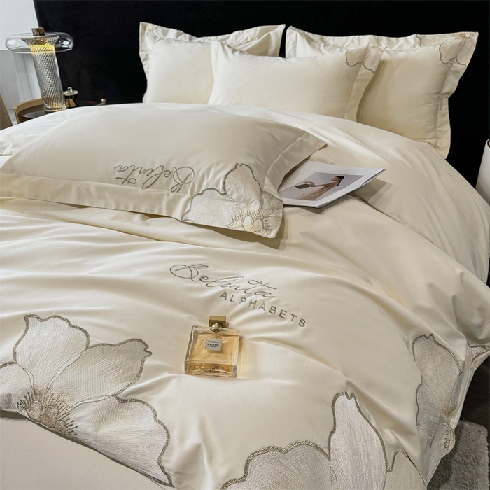 91家纺网 家纺一手货源 找家纺 宅家居 2024新款莫奈花园系列-轻奢小香风双面纯棉刺绣长绒棉四件套 莫奈花园-奶昔白