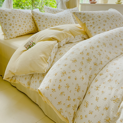 91家纺网 家纺一手货源 找家纺 仟网汇 2024秋冬新款提花彩竺棉小竺棉四件套清雅-黄