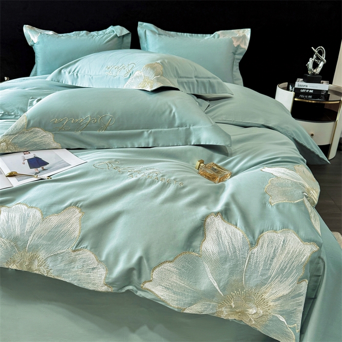 91家纺网 家纺一手货源 找家纺 宅家居 2024新款莫奈花园系列-轻奢小香风双面纯棉刺绣长绒棉四件套 莫奈花园-松石绿