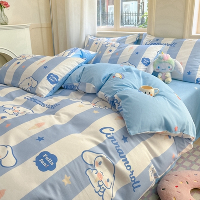 91家纺网 家纺一手货源 找家纺 博雅 2024新款三丽鸥全棉印花卡通四件套 蓝条纹玉桂狗