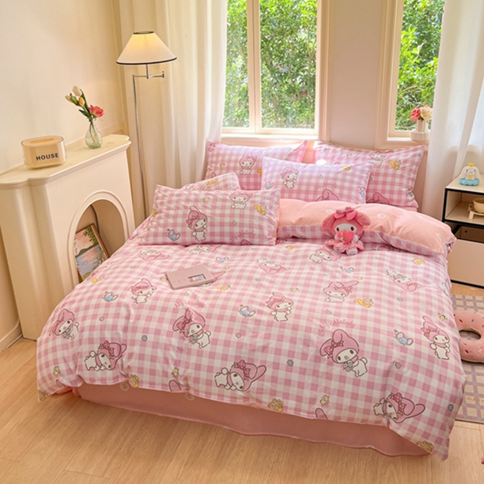 91家纺网 家纺一手货源 找家纺 博雅 2024新款三丽鸥全棉印花卡通四件套 粉格美乐蒂AB版