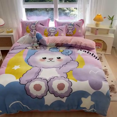91家纺网 家纺一手货源 找家纺 喜梦缘-2025新款大版卡通牛奶绒四件套 公主兔