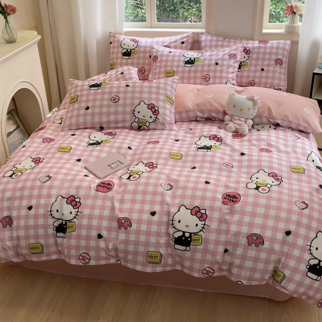 91家纺网 家纺一手货源 找家纺 博雅 2024新款三丽鸥全棉印花卡通四件套 粉格KT