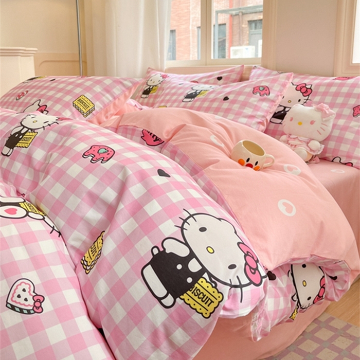 91家纺网 家纺一手货源 找家纺 博雅 2024新款三丽鸥全棉印花卡通四件套 粉格KT