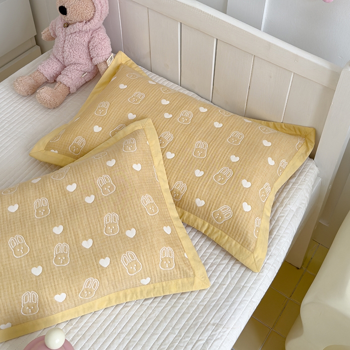 91家纺网 家纺一手货源 找家纺 2024新品色织立体提花全棉三层纱布夹棉枕套 小兔-黄