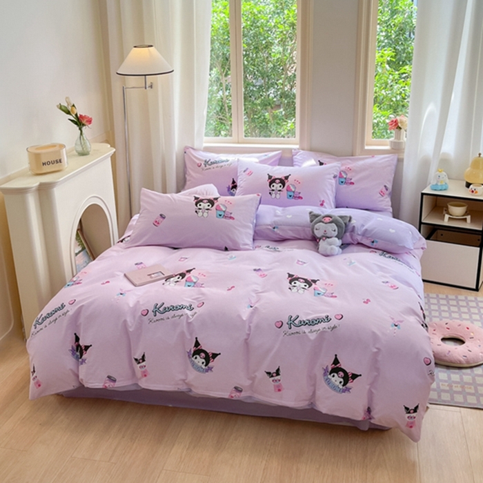 91家纺网 家纺一手货源 找家纺 博雅 2024新款三丽鸥全棉印花卡通四件套 库洛米爆米花可乐