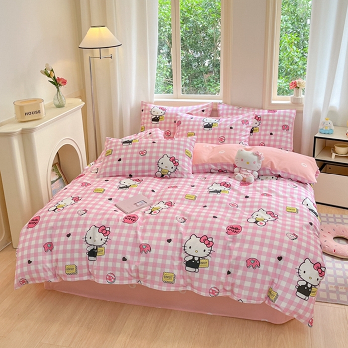 91家纺网 家纺一手货源 找家纺 博雅 2024新款三丽鸥全棉印花卡通四件套 粉格KT