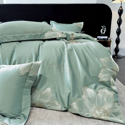 宅家居 2024新款莫奈花园系列-轻奢小香风双面纯棉刺绣长绒棉四件套 莫奈花园-松石绿