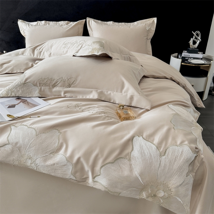 91家纺网 家纺一手货源 找家纺 宅家居 2024新款莫奈花园系列-轻奢小香风双面纯棉刺绣长绒棉四件套 莫奈花园-香槟金