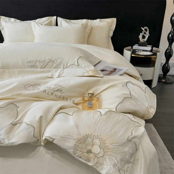 91家纺网 家纺一手货源 找家纺 宅家居 2024新款莫奈花园系列-轻奢小香风双面纯棉刺绣长绒棉四件套 莫奈花园-奶昔白