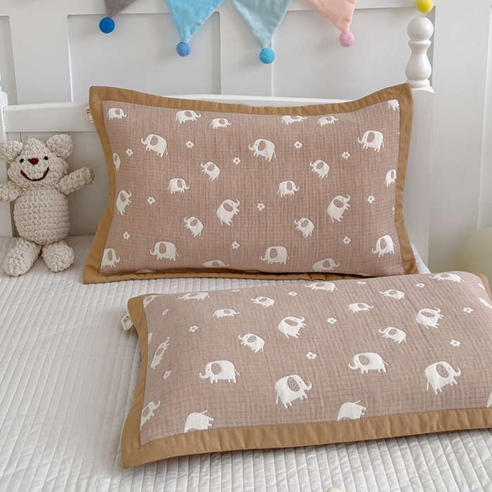 91家纺网 家纺一手货源 找家纺 2024新品色织立体提花全棉三层纱布夹棉枕套 小象-咖