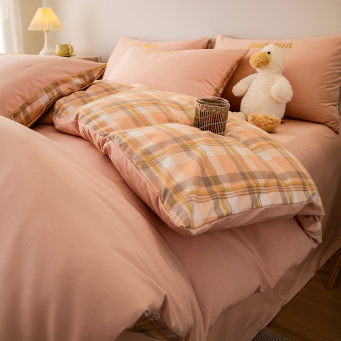 91家纺网 家纺一手货源 找家纺 富宁家纺 2025新款青春格子纯色双拼学生宿舍三件套四件套 粉色