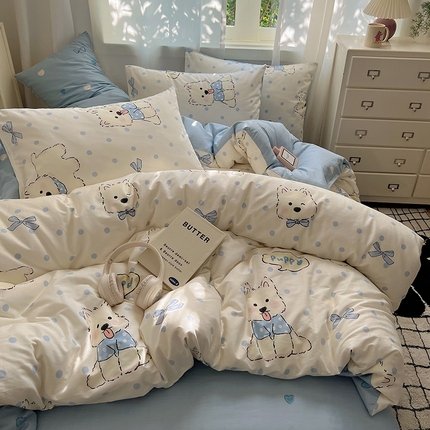 91家纺网 家纺一手货源 找家纺 瑞莱 （持续上新）2024春季13372全棉印花四件套-卡通系列 蓝点福瑞