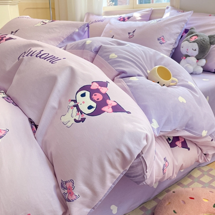 91家纺网 家纺一手货源 找家纺 博雅 2024新款三丽鸥全棉印花卡通四件套 浅紫库洛米
