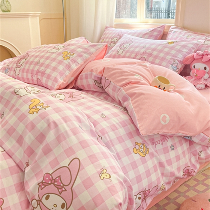 91家纺网 家纺一手货源 找家纺 博雅 2024新款三丽鸥全棉印花卡通四件套 粉格美乐蒂AB版