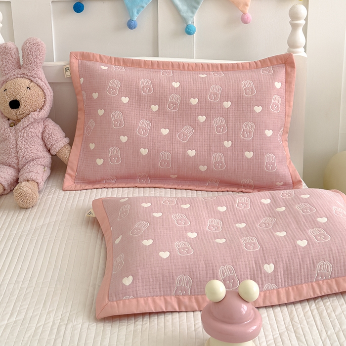 91家纺网 家纺一手货源 找家纺 2024新品色织立体提花全棉三层纱布夹棉枕套 小兔-粉