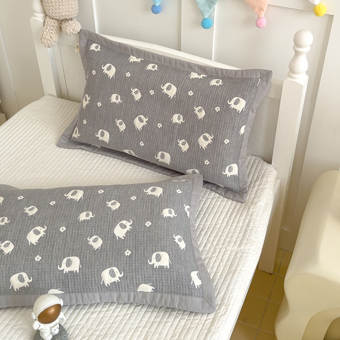 91家纺网 家纺一手货源 找家纺 2024新品色织立体提花全棉三层纱布夹棉枕套 小象-灰