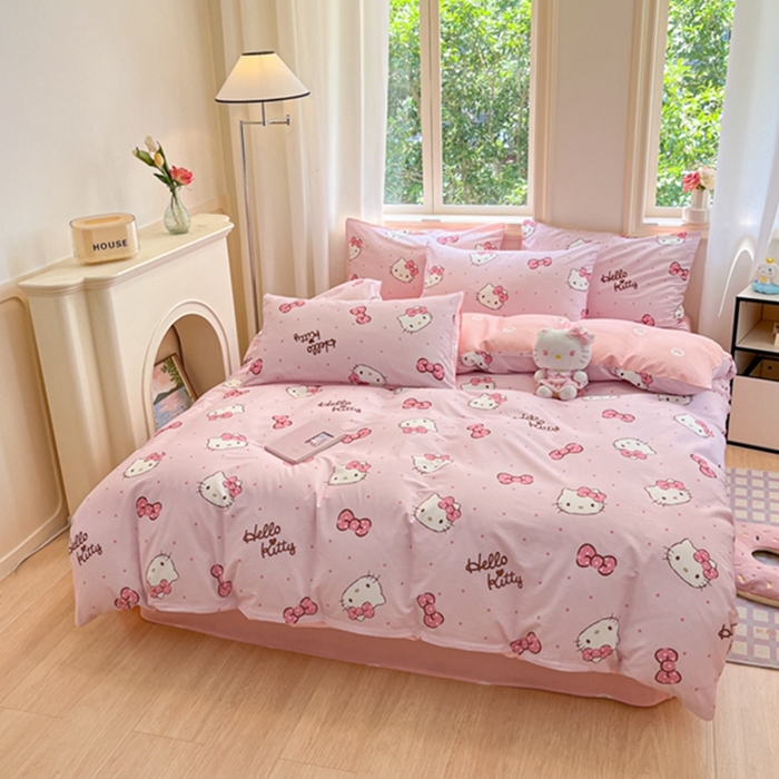 91家纺网 家纺一手货源 找家纺 博雅 2024新款三丽鸥全棉印花卡通四件套 粉色蝴蝶结KT