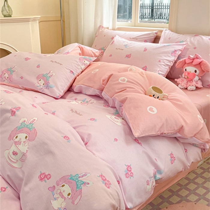 91家纺网 家纺一手货源 找家纺 博雅 2024新款三丽鸥全棉印花卡通四件套 花朵美乐蒂