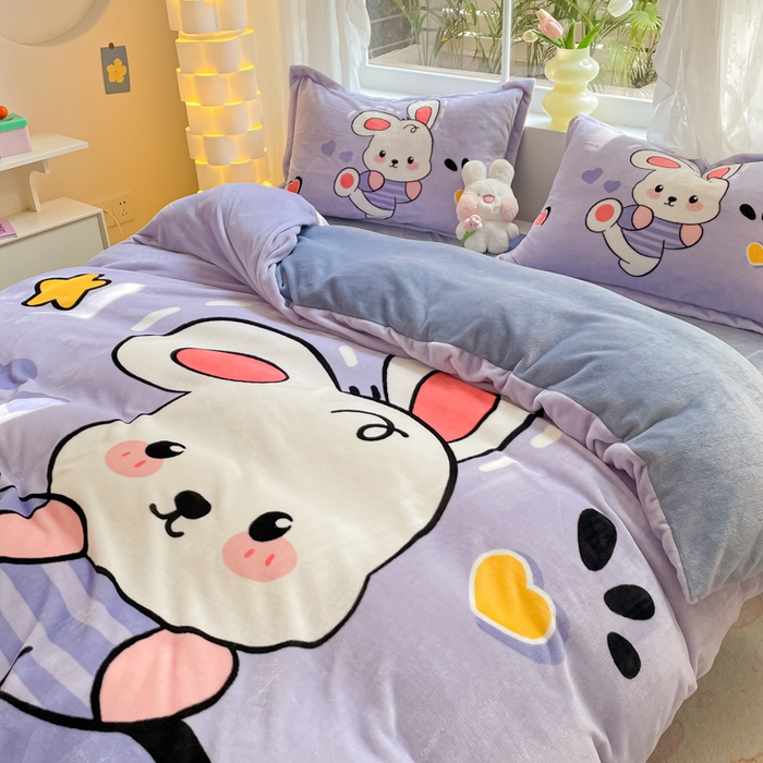 91家纺网 家纺一手货源 找家纺 喜梦缘-2025新款大版卡通牛奶绒四件套 萌萌兔