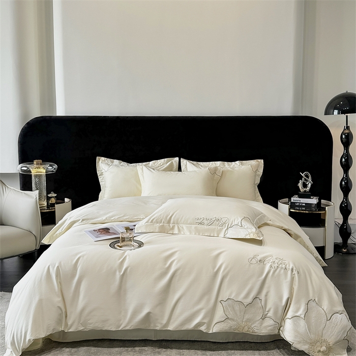 91家纺网 家纺一手货源 找家纺 宅家居 2024新款莫奈花园系列-轻奢小香风双面纯棉刺绣长绒棉四件套 莫奈花园-奶昔白