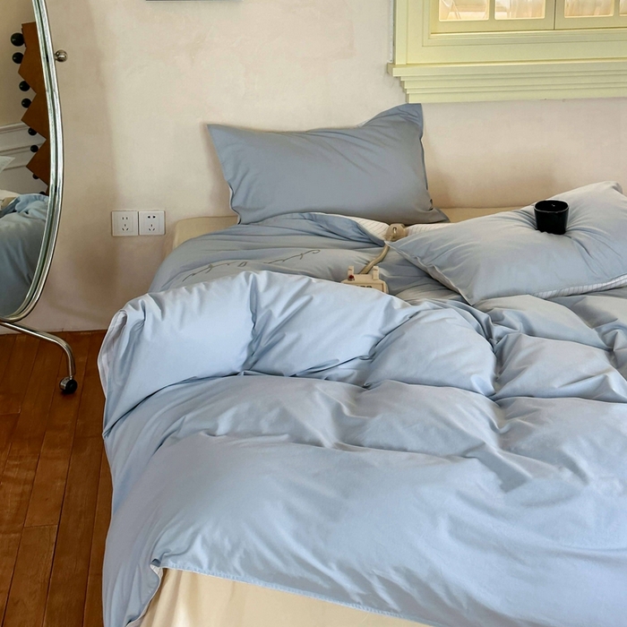 91家纺网 家纺一手货源 找家纺 时年家纺 2024新款40毛巾绣全工艺水洗全棉系列四件套（充值会员优惠5元） 浅蓝条