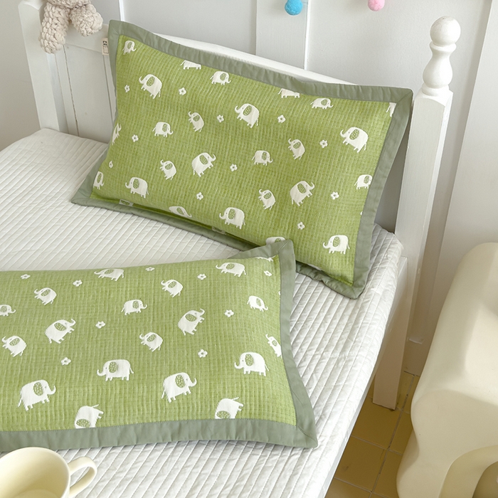 91家纺网 家纺一手货源 找家纺 2024新品色织立体提花全棉三层纱布夹棉枕套 小象-绿