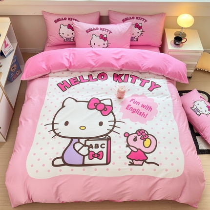 91家纺网 家纺一手货源 找家纺 孩子王家纺 2025新款三丽鸥系列全棉活性大版印花卡通学生宿舍四件套（第二批） 波点kt