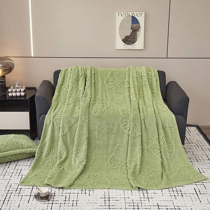 肖恩毯业 2025新款加厚高克重塔芙绒提花毛毯-蝴蝶系列 蝴蝶-抹茶绿