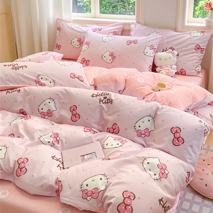 91家纺网 家纺一手货源 找家纺 博雅 2024新款三丽鸥全棉印花卡通四件套 粉色蝴蝶结KT