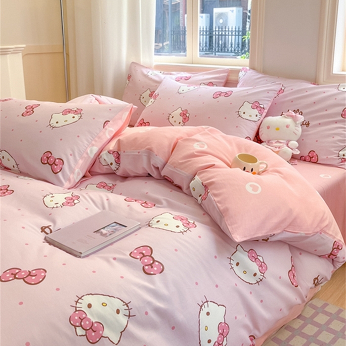 91家纺网 家纺一手货源 找家纺 博雅 2024新款三丽鸥全棉印花卡通四件套 粉色蝴蝶结KT