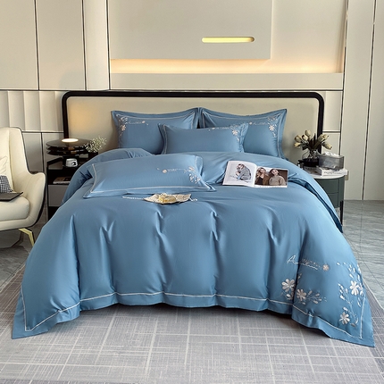 小时代家纺 2024新款13376全活性喷气简约轻奢刺绣夹棉床盖四件套-繁花 繁花-蓝色