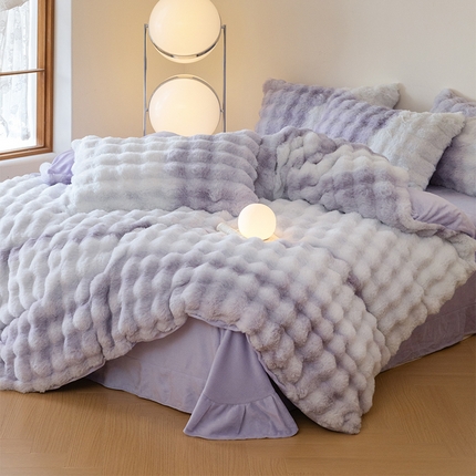 铠畅家纺 2024新款直播爆款高端A类獭兔毛立体剪花牛奶绒四件套 大泡泡七彩紫