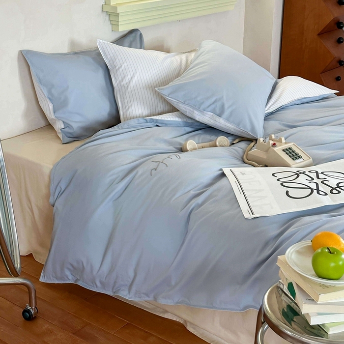 91家纺网 家纺一手货源 找家纺 时年家纺 2024新款40毛巾绣全工艺水洗全棉系列四件套（充值会员优惠5元） 浅蓝条