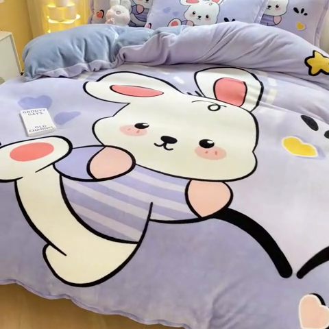 91家纺网 家纺一手货源 找家纺 喜梦缘-2025新款大版卡通牛奶绒四件套 萌萌兔