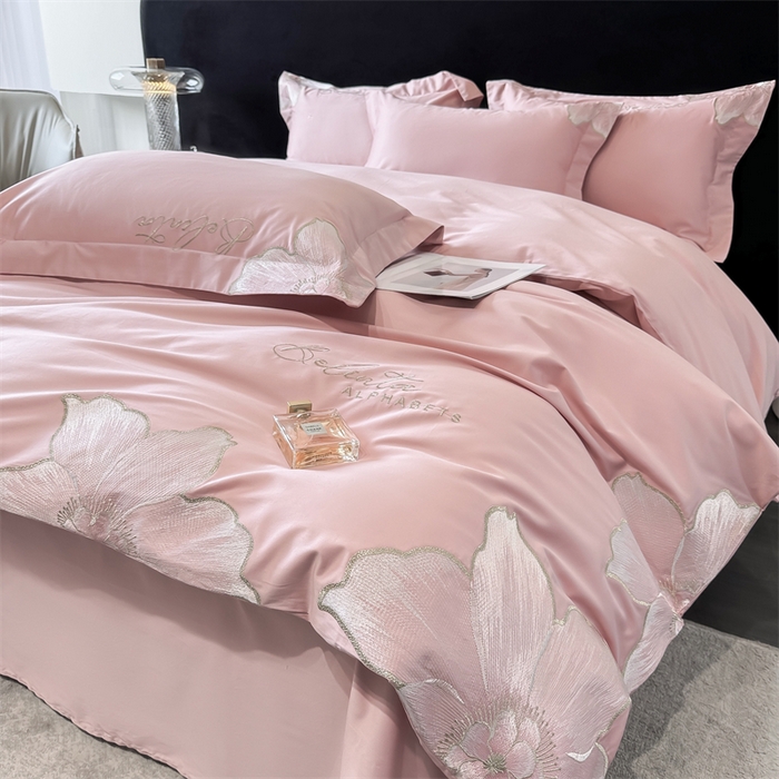 91家纺网 家纺一手货源 找家纺 宅家居 2024新款莫奈花园系列-轻奢小香风双面纯棉刺绣长绒棉四件套 莫奈花园-樱花粉