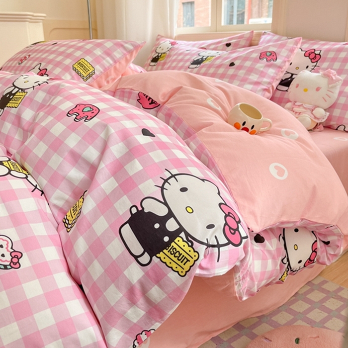 91家纺网 家纺一手货源 找家纺 博雅 2024新款三丽鸥全棉印花卡通四件套 粉格KT