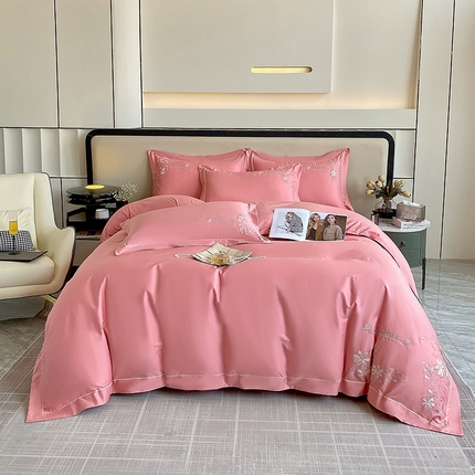 91家纺网 家纺一手货源 找家纺 小时代家纺 2024新款13376全活性喷气简约轻奢刺绣夹棉床盖四件套-繁花 繁花-豆沙