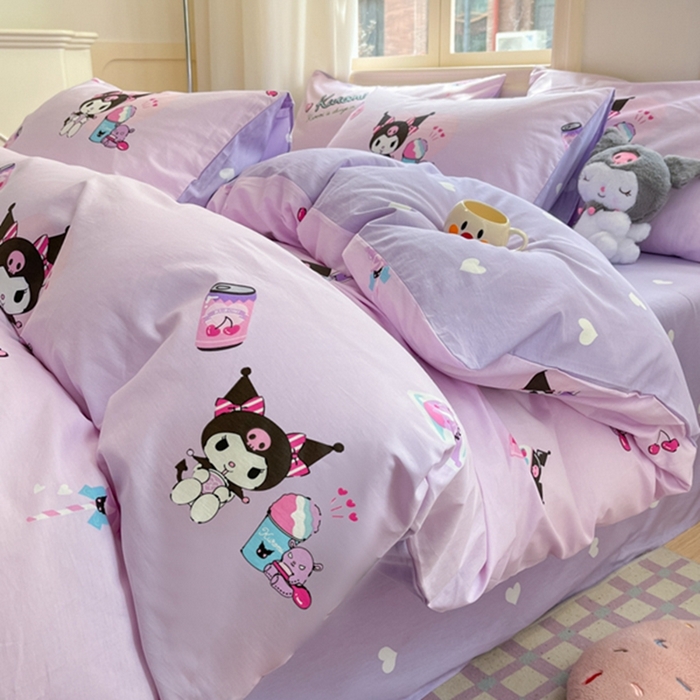 91家纺网 家纺一手货源 找家纺 博雅 2024新款三丽鸥全棉印花卡通四件套 库洛米爆米花可乐