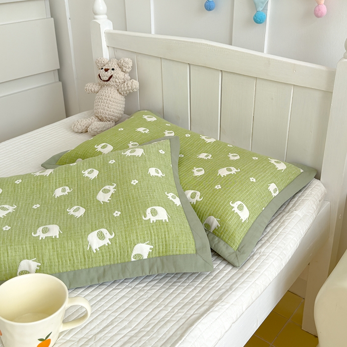 91家纺网 家纺一手货源 找家纺 2024新品色织立体提花全棉三层纱布夹棉枕套 小象-绿