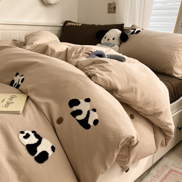 91家纺网 家纺一手货源 找家纺 海岛哥哥 2025新款云柔棉毛巾绣 四件套 毛巾绣-熊猫花花