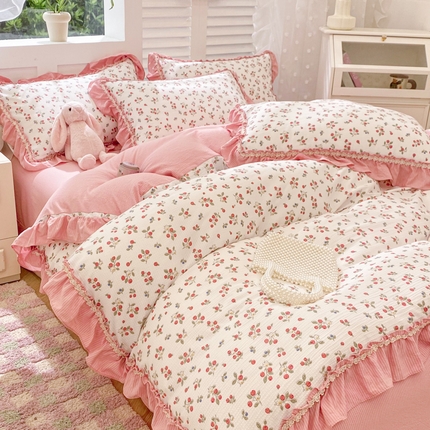 同田家纺  2024新款泡泡棉印花蕾丝工艺四件套 樱桃