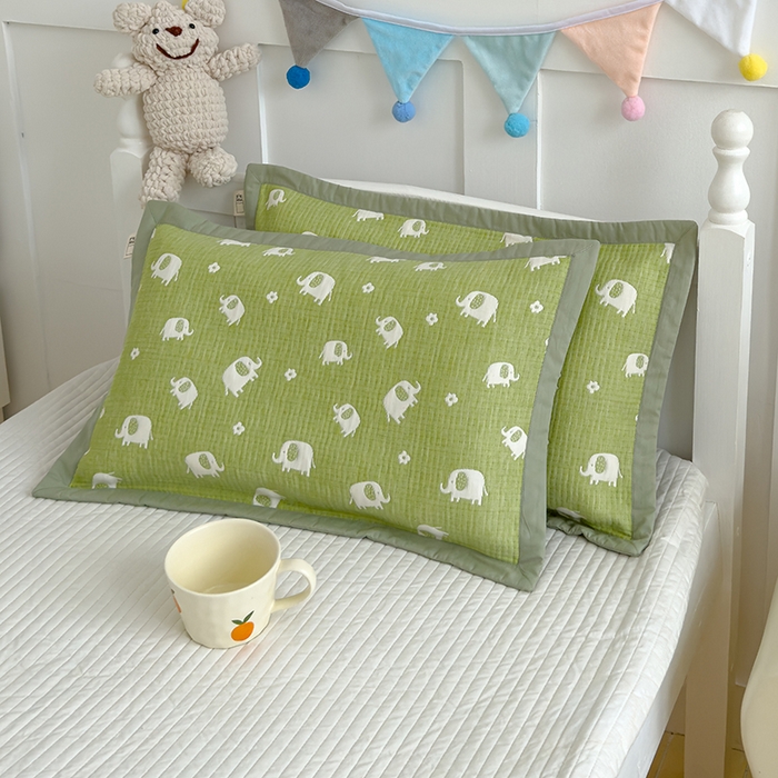 91家纺网 家纺一手货源 找家纺 2024新品色织立体提花全棉三层纱布夹棉枕套 小象-绿