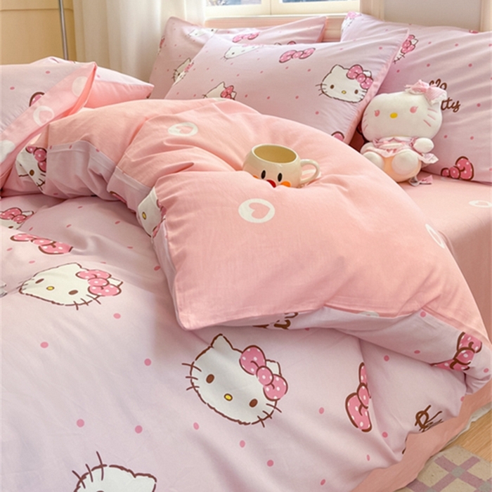 91家纺网 家纺一手货源 找家纺 博雅 2024新款三丽鸥全棉印花卡通四件套 粉色蝴蝶结KT