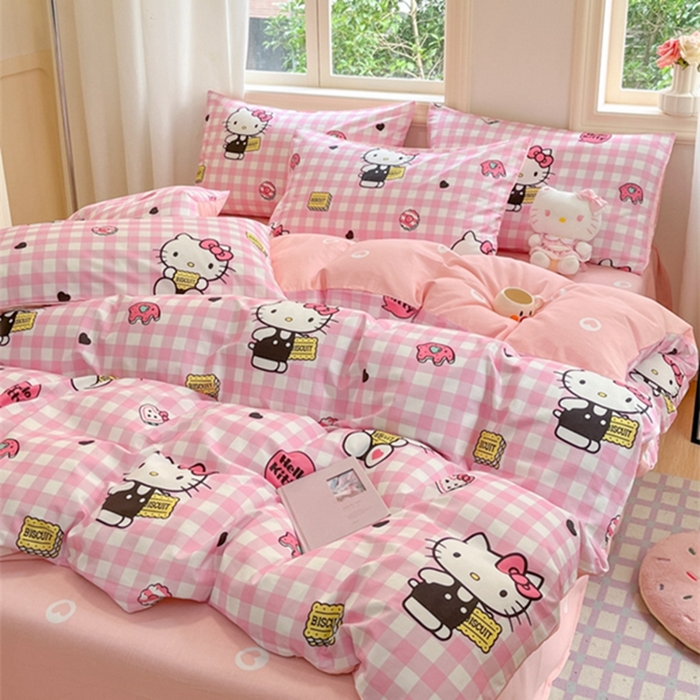 91家纺网 家纺一手货源 找家纺 博雅 2024新款三丽鸥全棉印花卡通四件套 粉格KT